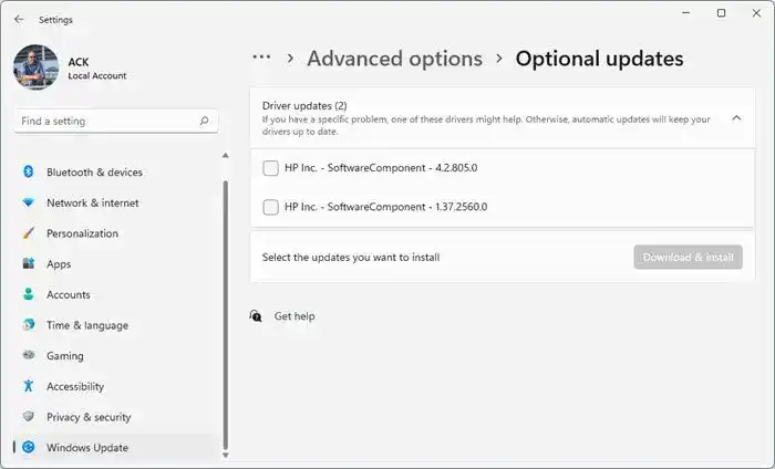 Graphics driver update options in Windows 11